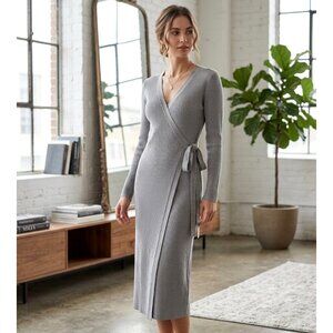 WAYF Ribbed Knit Gray Wrap Midi Dress size LWith Long Sleeves & Adjustable Tie B